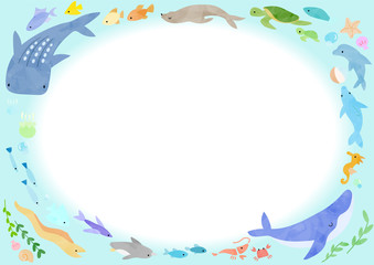 海の生き物のフレーム(絵本風)