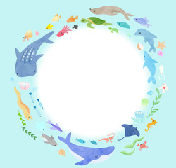 海の生き物のフレーム(絵本風)