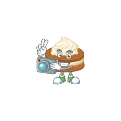 White cream alfajor mascot design as a professional photographer with a camera