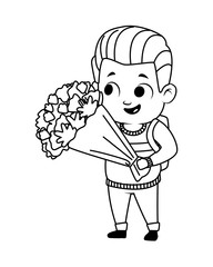 cute little boy with flowers bouquet character