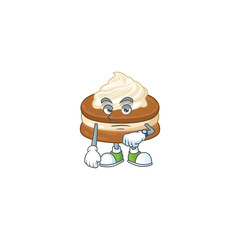 A cartoon icon of white cream alfajor with waiting gesture