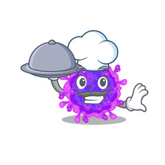 Alpha coronavirus as a chef cartoon character with food on tray