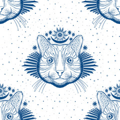 Seamless pattern cat.Mystic magic animal. Portrait face head hand drawn vintage style.Line art ink painting.