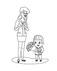 cute little boy with teacher giving flowers