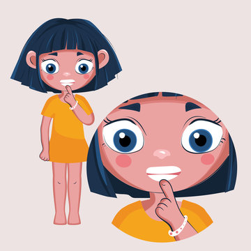 The girl points her finger at her beautiful, even white teeth.  Fashionable vector illustration of the body's structure and health 