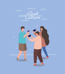 Boys and girl with smartphones vector design