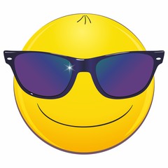 Smiley Emoticon wearing sunglasses. Cute smiling emoticon wearing dark sunglasses, emoji. The concept of a summer holiday by the sea, holiday.
