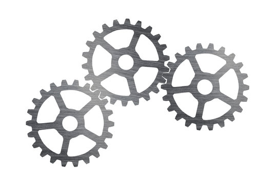 ndustrial cogs stainless steel with connect on top-view, isolated on white background, teamwork and join together on business concept