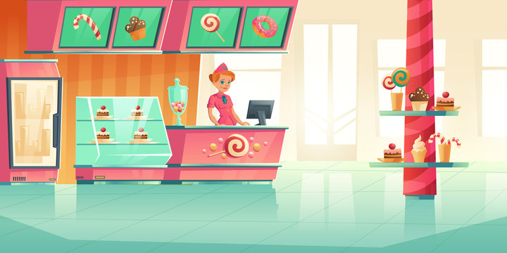 Bakery And Candy Shop Interior With Cashier Behind Bar Counter. Vector Cartoon Illustration Of Cafe With Cakes, Lollipop And Chocolate Cookies On Showcase And Shelves