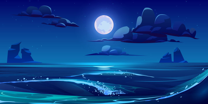 Night sea landscape with moon, stars and clouds in dark sky. Vector cartoon  illustration of midnight scene of ocean waves with rocks and moonlight  reflection Stock Vector | Adobe Stock