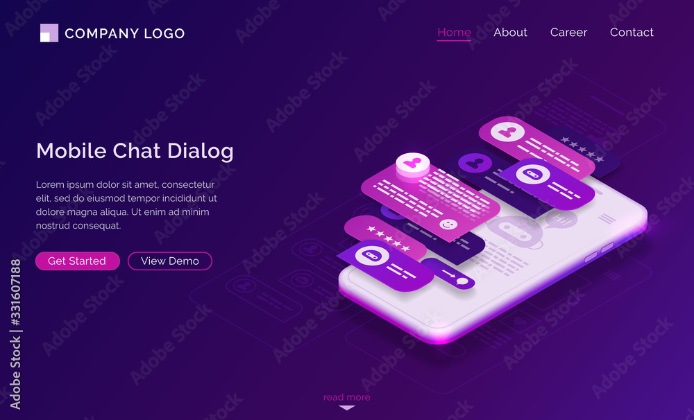 Poster mobile chat dialog application interface. ui ux design of messenger app. vector landing page with is