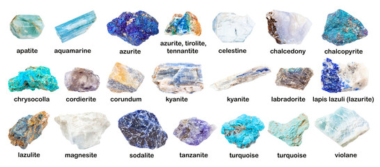 set of various blue unpolished stones with names