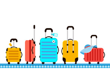 Suitcases on airport luggage conveyor belt. Travel bag. Summer time. Holidays. Vacation trip. Rest trip. Luggage band on the airport.