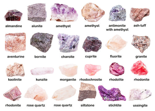 set of various unpolished pink minerals with names