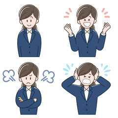 Various  facial expression of woman in a suit, Vector illustration set