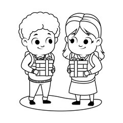 cute little kids couple with gifts characters