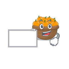 Orange fruit basket with board cartoon mascot design style