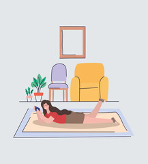 Girl with smartphone at home vector design