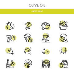 Olives. Olive oil. Set of linear icons.