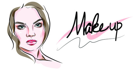 Vector illustration.  Beautiful girl with a gentle make-up.  Beauty, and beauty industry.  A gentle and sweet face.  Suitable for printing on clothes, or for printing.