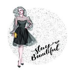 Beautiful woman in black dress hand drawn fashion sketch. Abstract modern girl illustration on white background for makeup artist business visit card design.