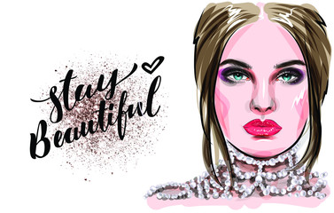 Hand drawn beautiful young woman face sketch. Stylish glamour girl print. Fashion illustration for beauty salon design, makeup artist business card background.