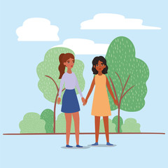 Women holding hands trees shrubs and clouds vector design