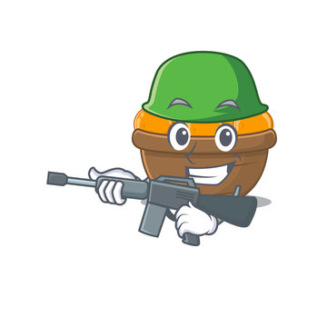 A picture of orange fruit basket as an Army with machine gun