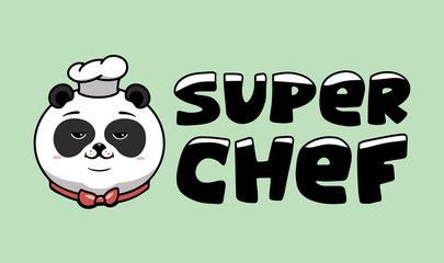 Super chef logo, cooking template with hand-drawn text, phrase. Funny panda character