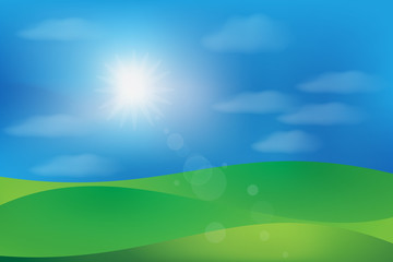 Obraz na płótnie Canvas Landscape green hill and blue cloudy sunny sky vector image background