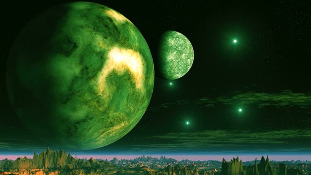 Two Moons over a Rocky Desert. On the horizon a thick fog. Two huge planet on a dark starry sky. Bright luminous objects (UFOs) are circling in the sky. Slowly floating clouds.