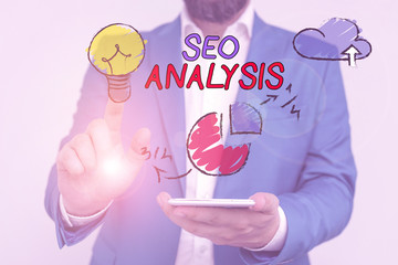 Word writing text Seo Analysis. Business photo showcasing tool helps showing to study on how to...