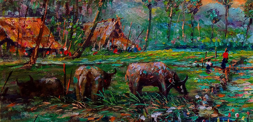 Art painting Oil color Hut northeast Thailand Countryside , rural thailand , Thailand  life