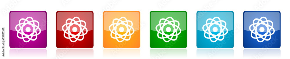 Leinwandbilder Atom icon set, colorful square glossy vector illustrations in 6 options for web design and mobile applications