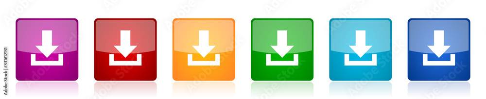 Aufkleber download icon set, colorful square glossy vector illustrations in 6 options for web design and mobil