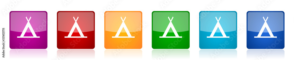 Poster Camp icon set, colorful square glossy vector illustrations in 6 options for web design and mobile applications