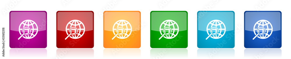 Poster search icon set, colorful square glossy vector illustrations in 6 options for web design and mobile 
