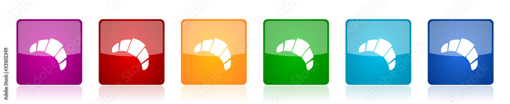 Aufkleber croissant icon set, colorful square glossy vector illustrations in 6 options for web design and mobi