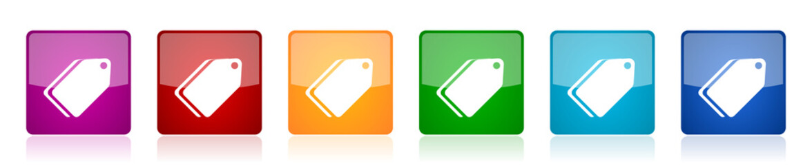 Label ticket icon set, colorful square glossy vector illustrations in 6 options for web design and mobile applications