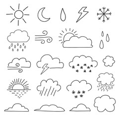 Doodle weather icon set. Sun, cloud, rain, snow, wind etc