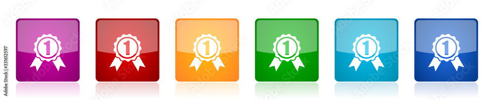 Aufkleber Badge icon set, first, number one colorful square glossy vector illustrations in 6 options for web design and mobile applications