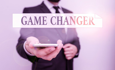 Text sign showing Game Changer. Business photo showcasing way that effects a major shift in the...