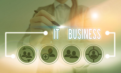 Conceptual hand writing showing It Business. Concept meaning organization uses information technology to achieve goals