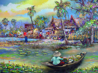 Fototapeta na wymiar Art painting Oil color Hut northeast Thailand Countryside