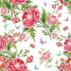 Seamless watercolor pattern with roses and butterflies