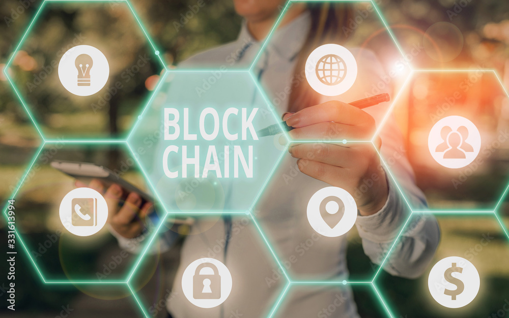 Poster word writing text block chain. business photo showcasing system in which a record of transactions ma