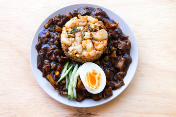 fried rice with shrimp and black bean sauce which is called saeubokk-eumbab in Korea