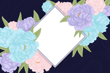 Vector horizontal vintage floral frame with pink, violet and blue peony flowers and gold frame on classic blue background. Romantic design for natural cosmetics, perfume, women products. 