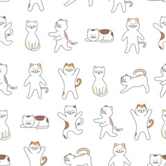 Hand drawn cat cartoon seamless background. Cute cats different poses. Vector illustration.