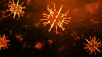 3D Rendering wireframe virus for Covid-19 Coronavirus outbreak concept,  virus 2019-ncov flu outbreak, 3D medical of floating influenza virus cells in microscopic view, World pandemic risk concept